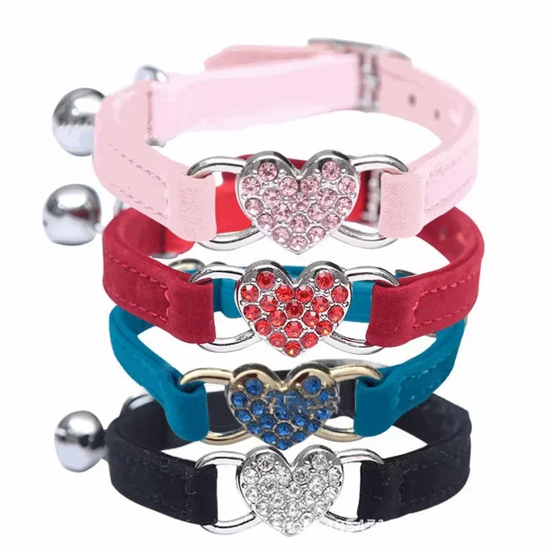 Velvet Cat Collar with Crystal Heart & Bell – Adjustable Elastic Kitten Necklace