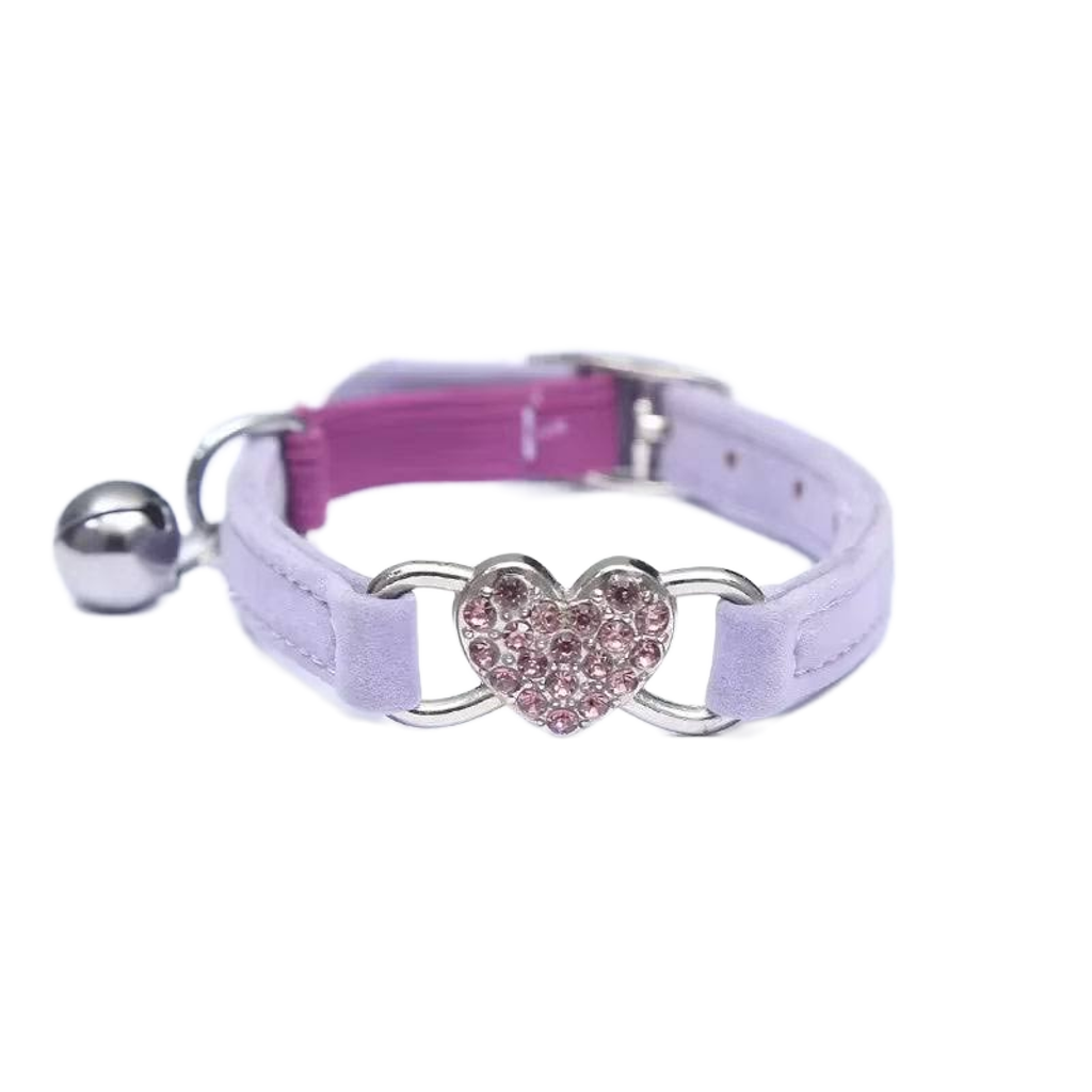 Velvet Cat Collar with Crystal Heart & Bell – Adjustable Elastic Kitten Necklace