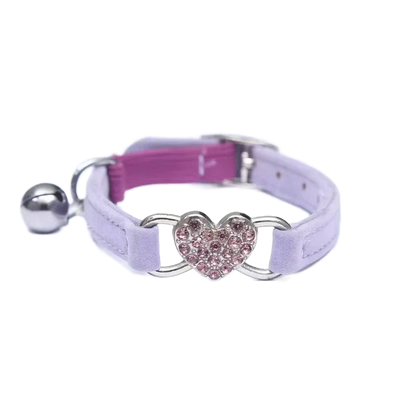 Velvet Cat Collar with Crystal Heart & Bell – Adjustable Elastic Kitten Necklace
