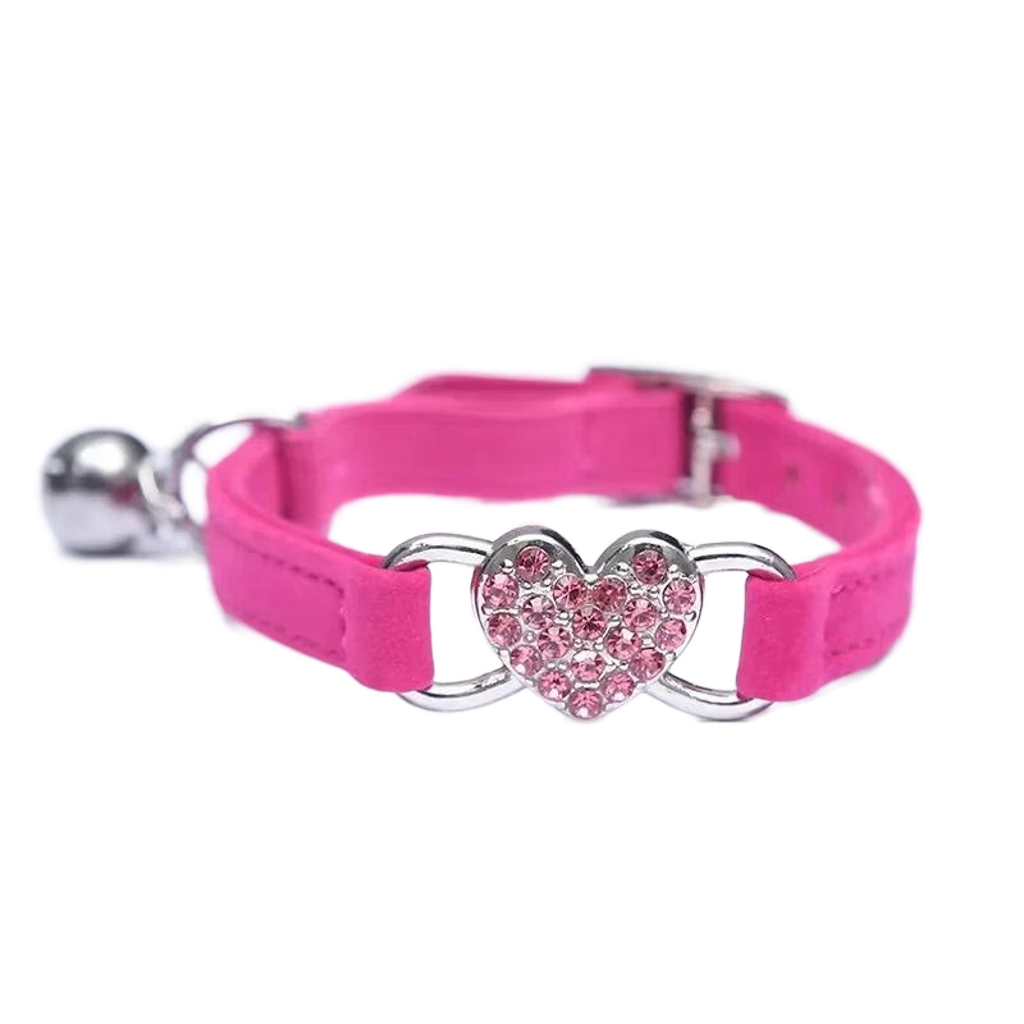 Velvet Cat Collar with Crystal Heart & Bell – Adjustable Elastic Kitten Necklace