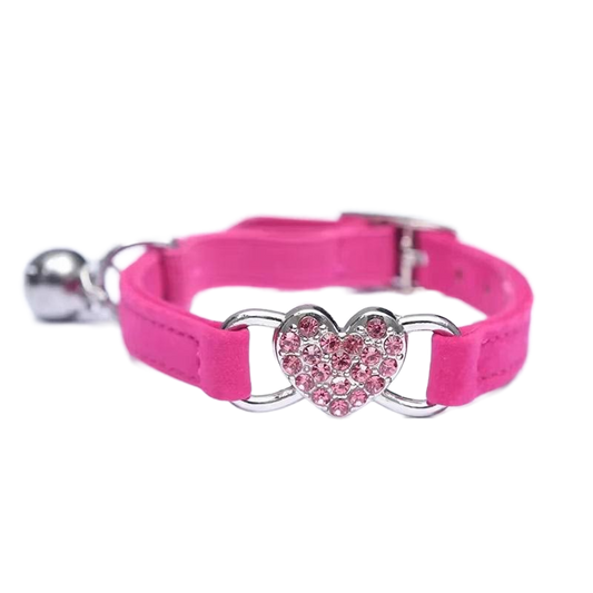 Velvet Cat Collar with Crystal Heart & Bell – Adjustable Elastic Kitten Necklace