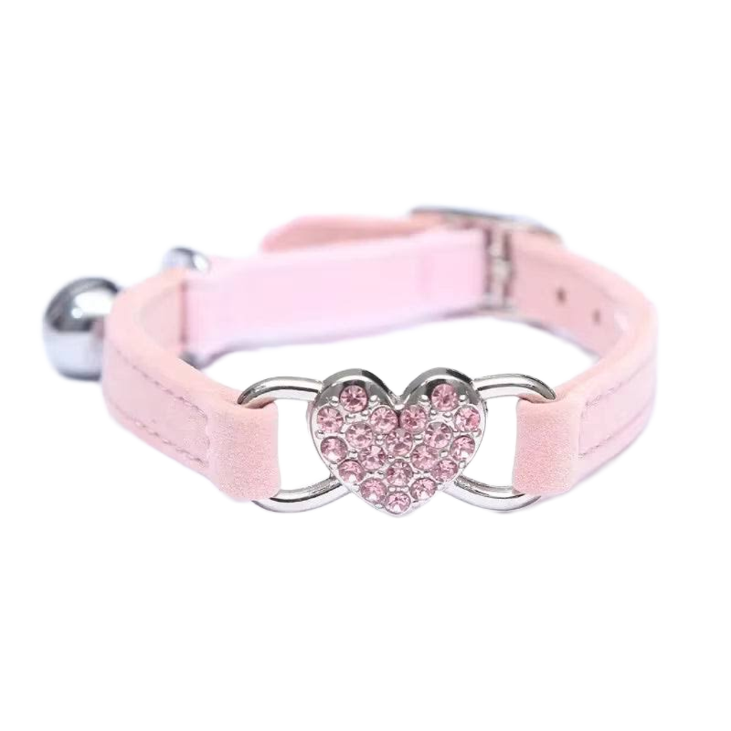 Velvet Cat Collar with Crystal Heart & Bell – Adjustable Elastic Kitten Necklace