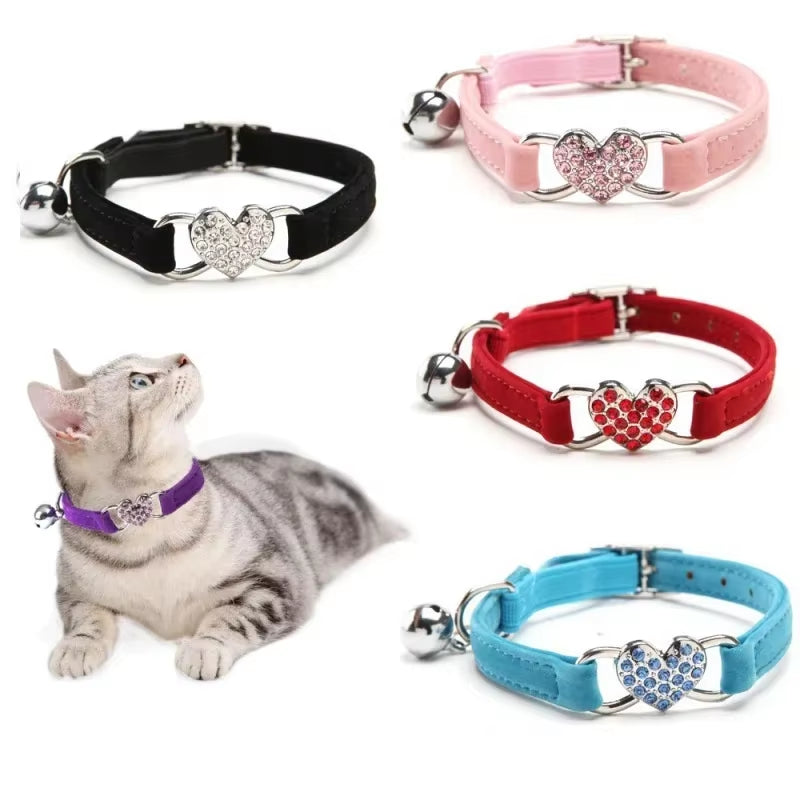 Velvet Cat Collar with Crystal Heart & Bell – Adjustable Elastic Kitten Necklace