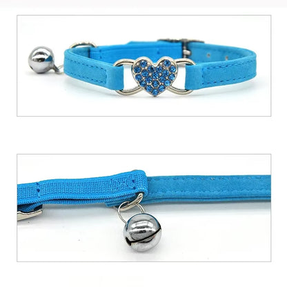 Velvet Cat Collar with Crystal Heart & Bell – Adjustable Elastic Kitten Necklace