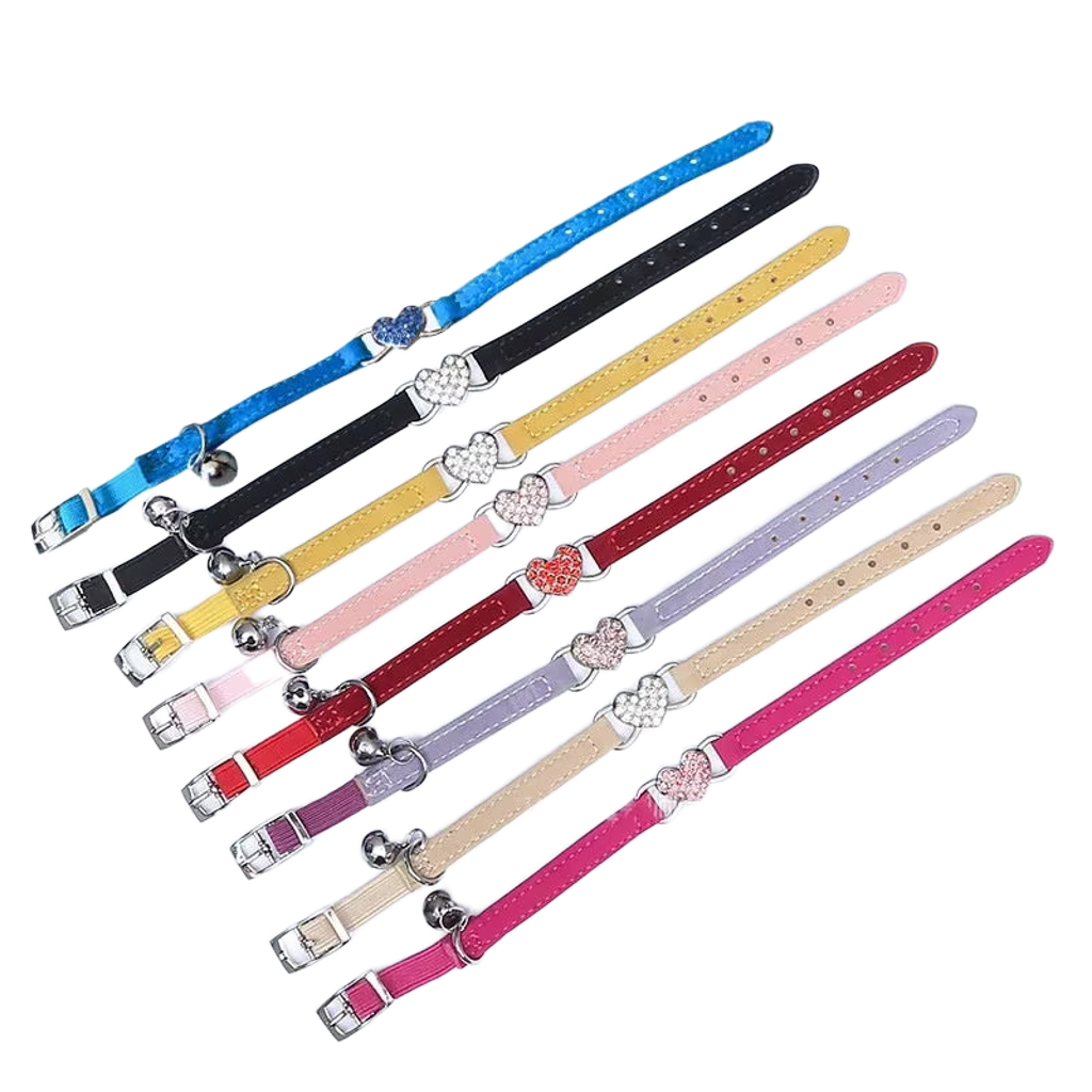 Velvet Cat Collar with Crystal Heart & Bell – Adjustable Collar for Kittens