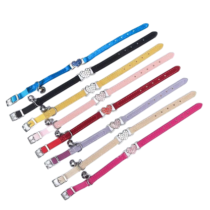 Velvet Cat Collar with Crystal Heart & Bell – Adjustable Collar for Kittens