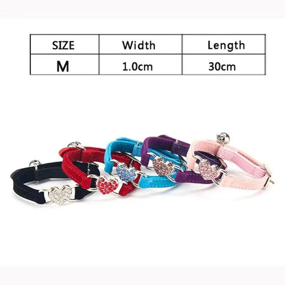 Velvet Cat Collar with Crystal Heart & Bell – Adjustable Elastic Kitten Necklace
