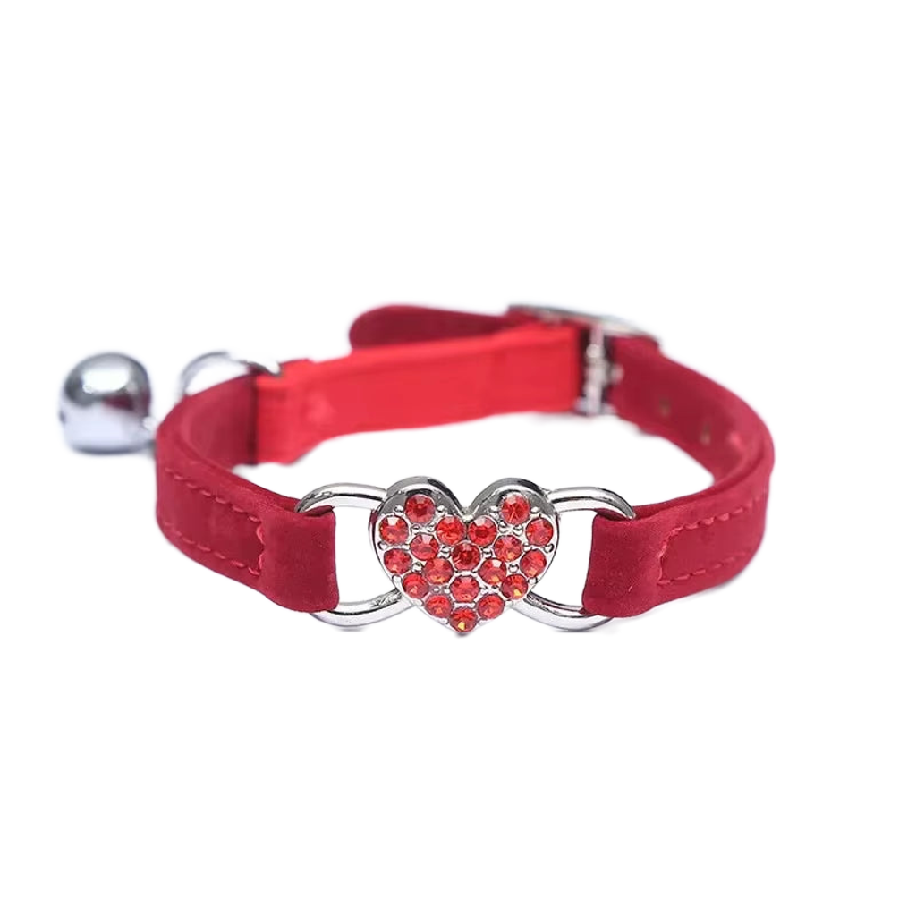 Velvet Cat Collar with Crystal Heart & Bell – Adjustable Collar for Kittens