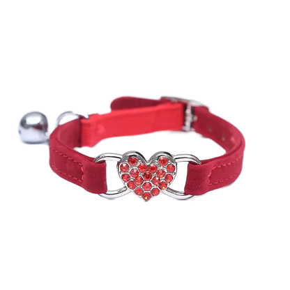 Velvet Cat Collar with Crystal Heart & Bell – Adjustable Collar for Kittens